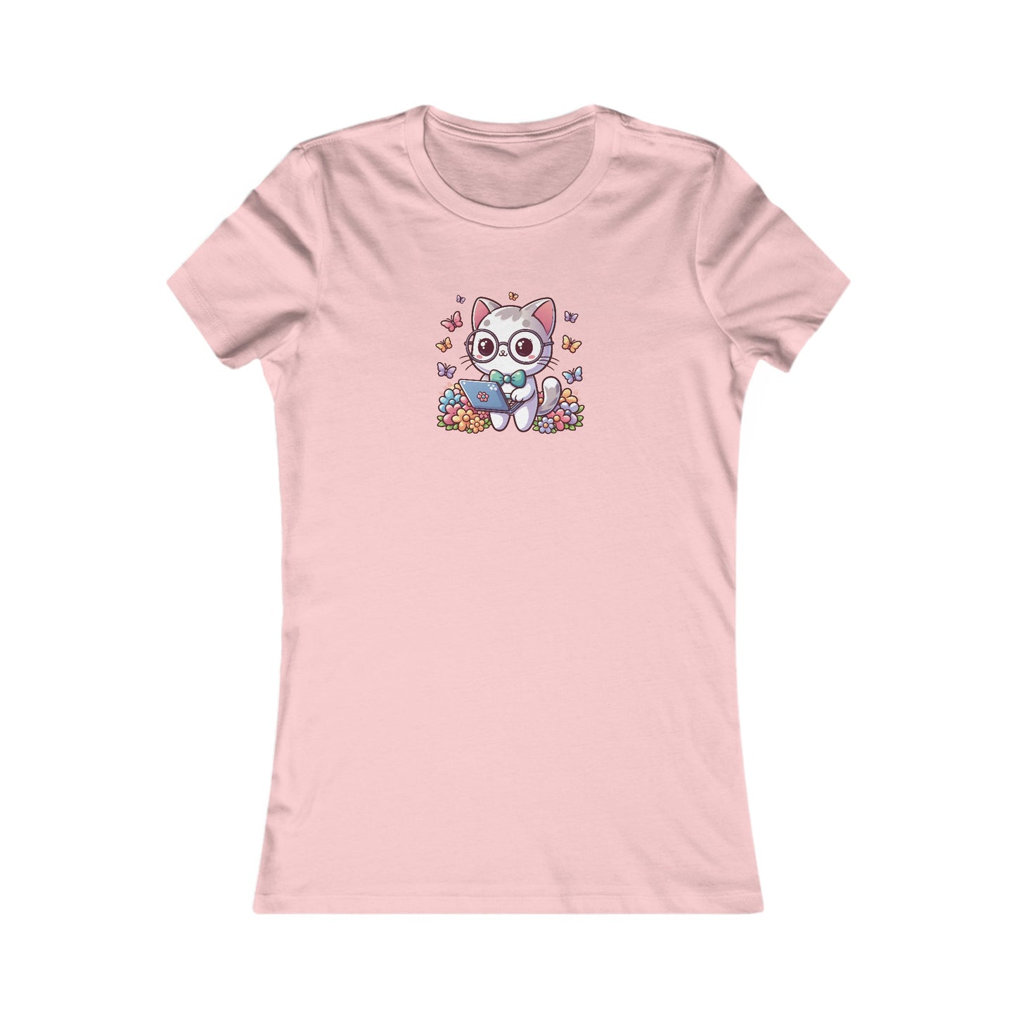 Gray Cat with Flowers and Laptop Fitted Tee