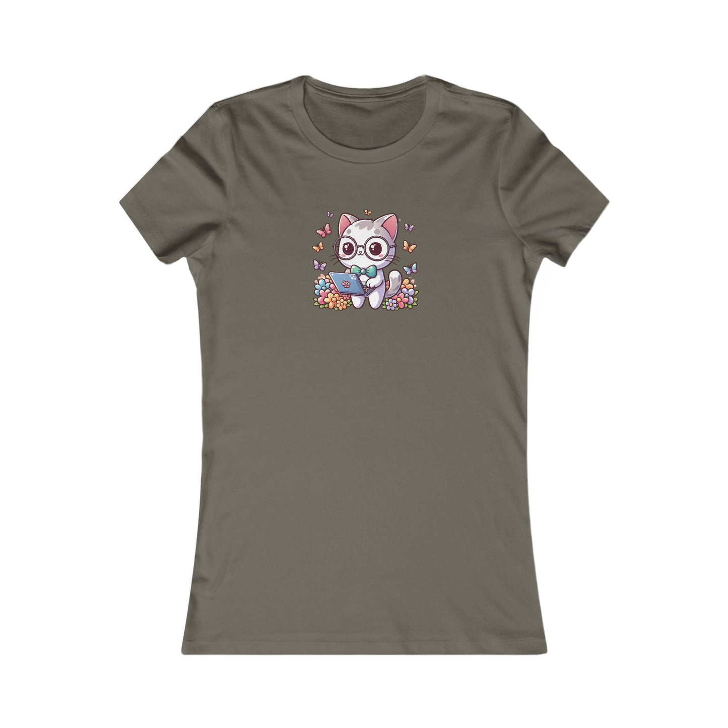 Gray Cat with Flowers and Laptop Fitted Tee