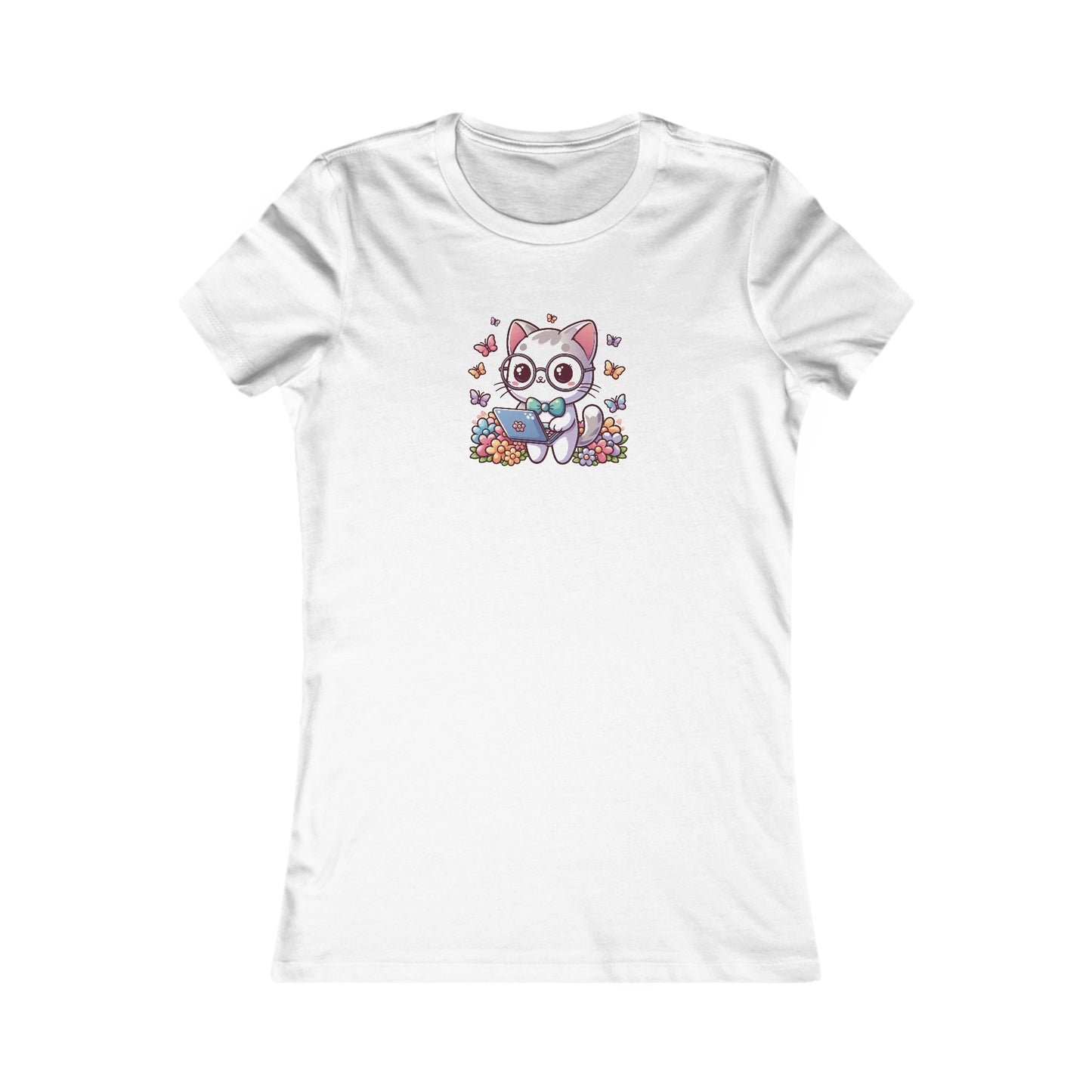 Gray Cat with Flowers and Laptop Fitted Tee