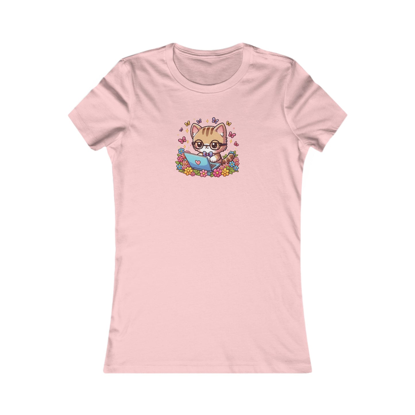 Cat with Flowers and Laptop Fitted Tee