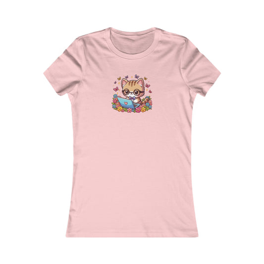 Cat with Flowers and Laptop Fitted Tee