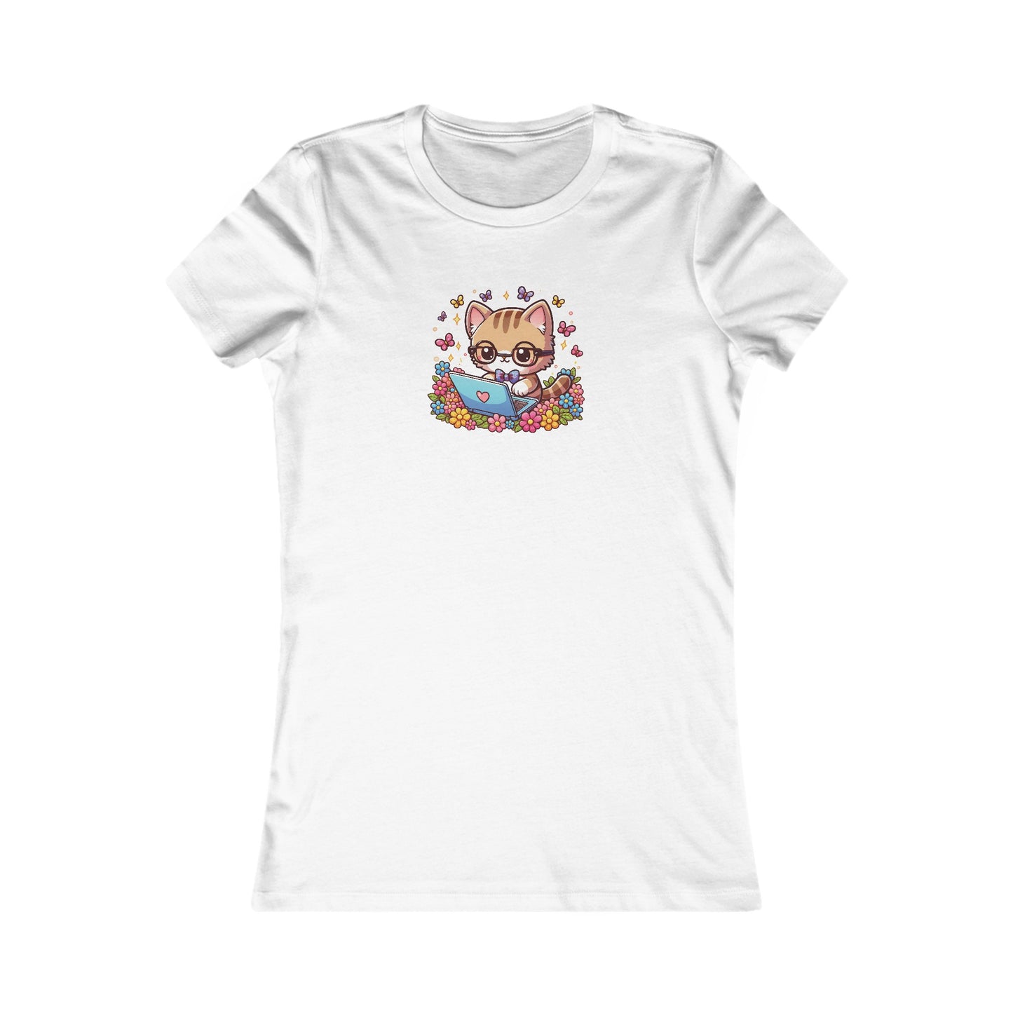 Cat with Flowers and Laptop Fitted Tee