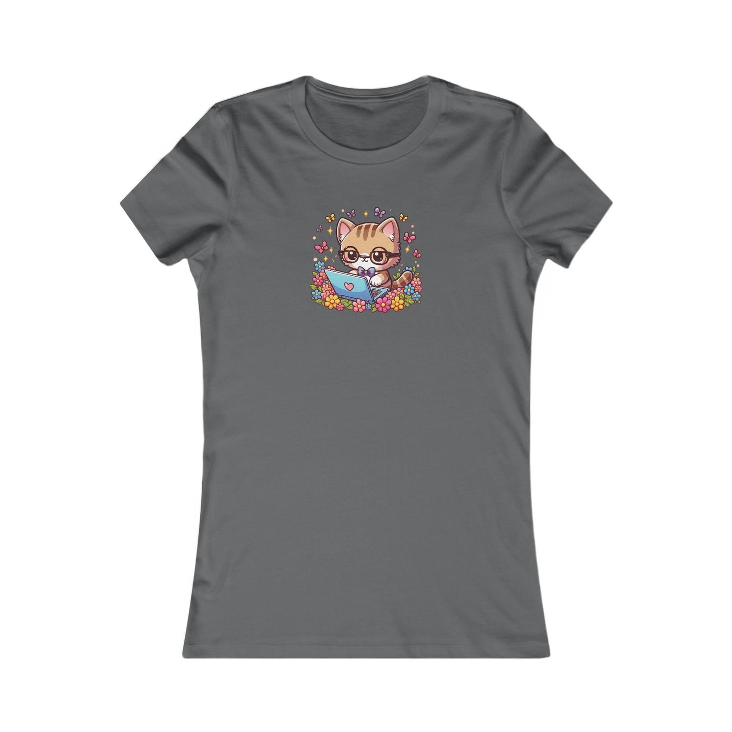 Cat with Flowers and Laptop Fitted Tee