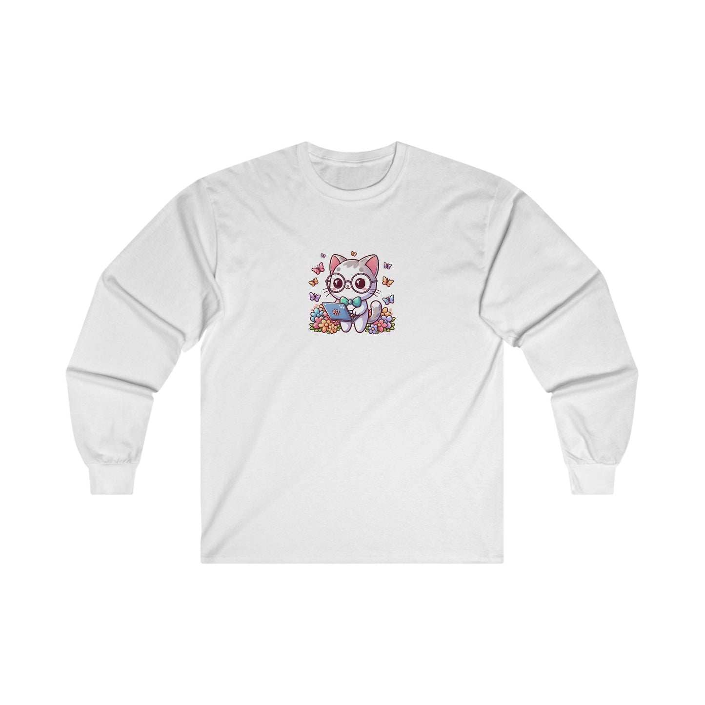 Gray Cat with Flowers and Laptop Long Sleeve Tee
