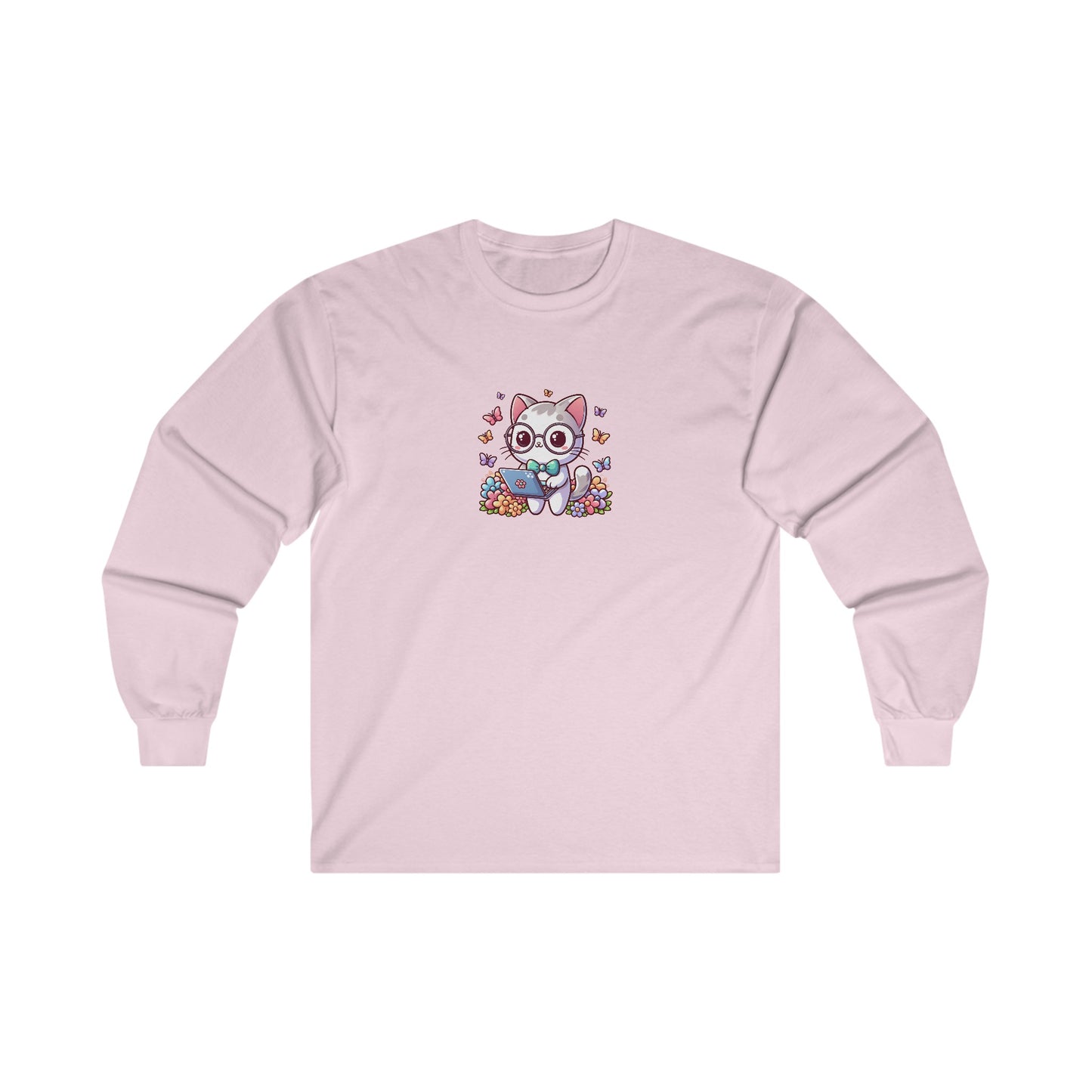 Gray Cat with Flowers and Laptop Long Sleeve Tee