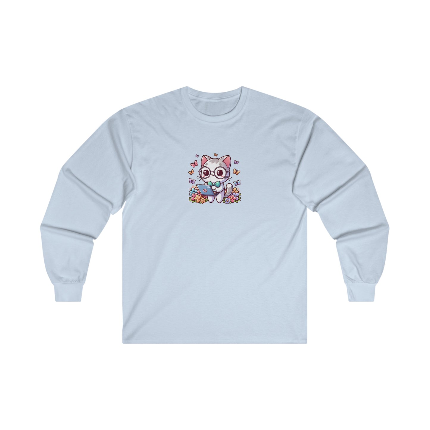 Gray Cat with Flowers and Laptop Long Sleeve Tee