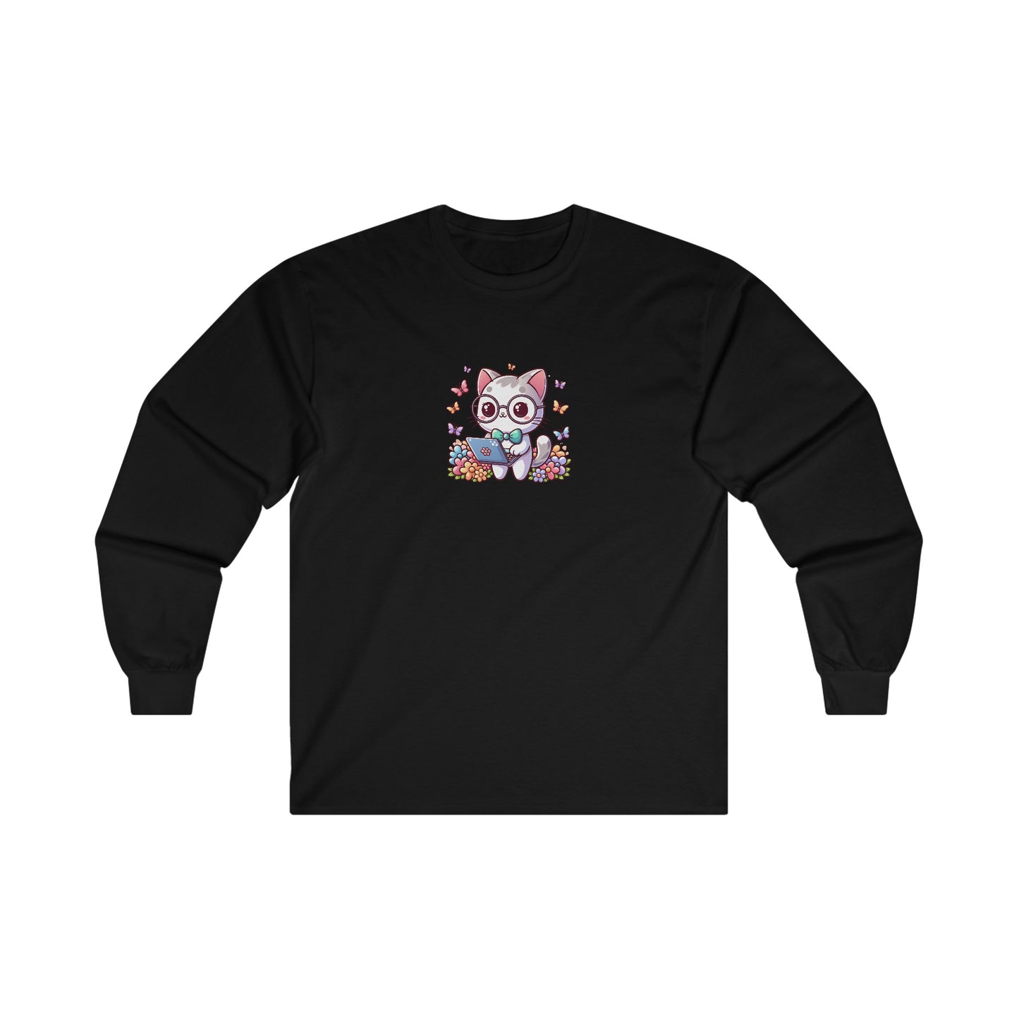 Gray Cat with Flowers and Laptop Long Sleeve Tee