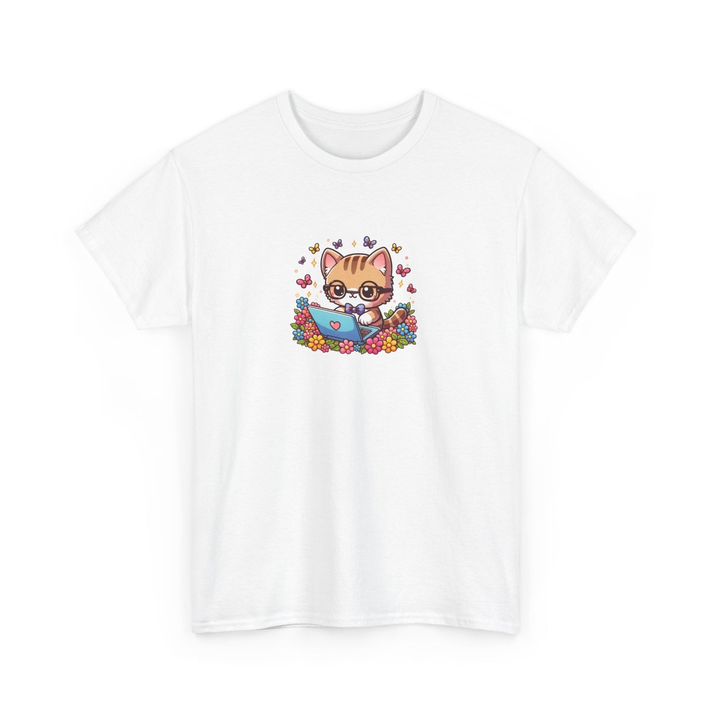Cat with Flowers and Laptop Short Sleeve Tee