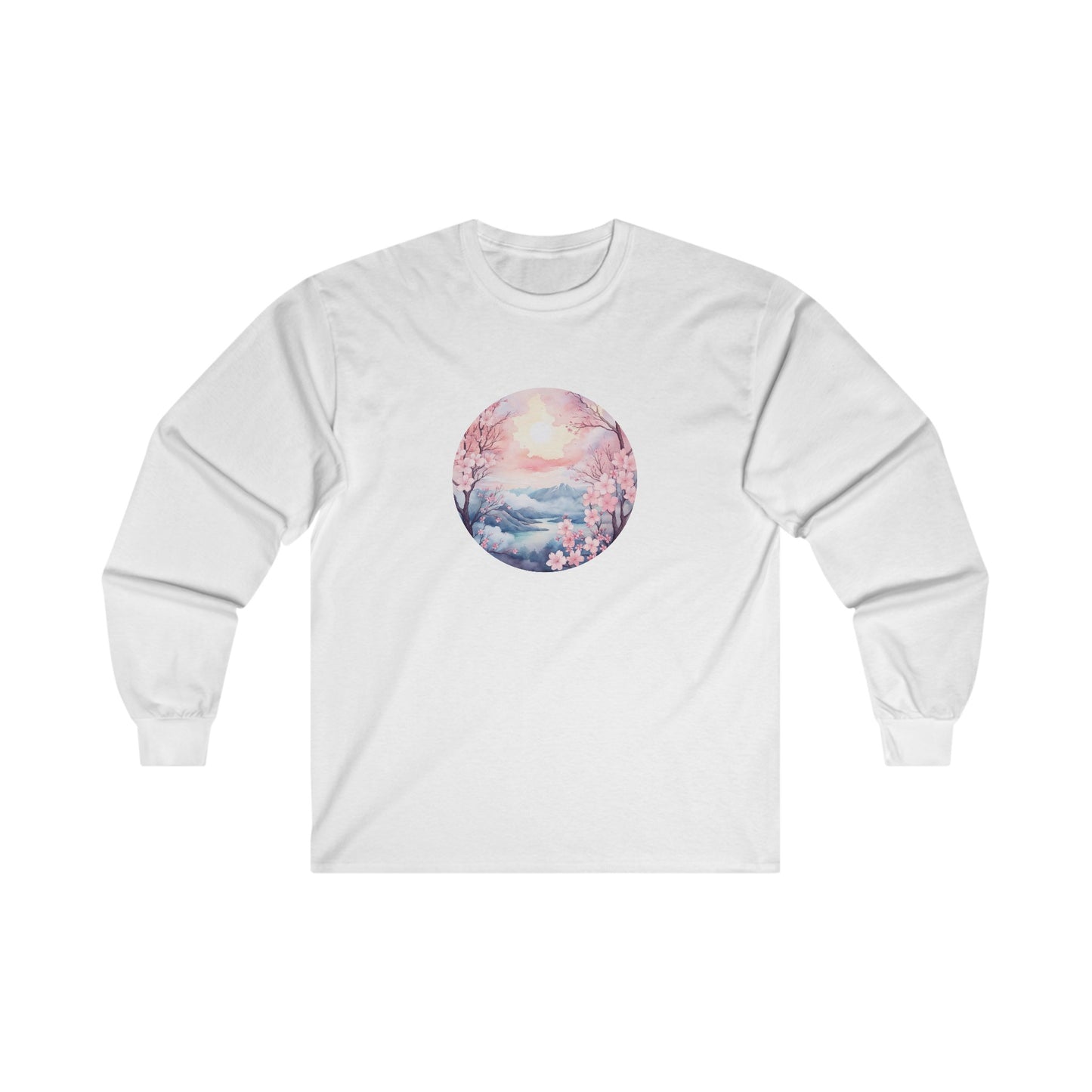 Watercolor Cherry Blossom Landscape Long Sleeve Tee