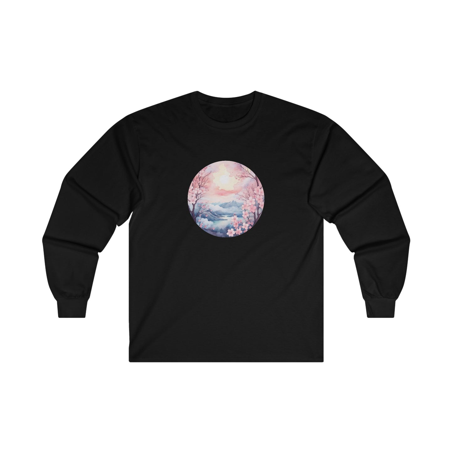 Watercolor Cherry Blossom Landscape Long Sleeve Tee