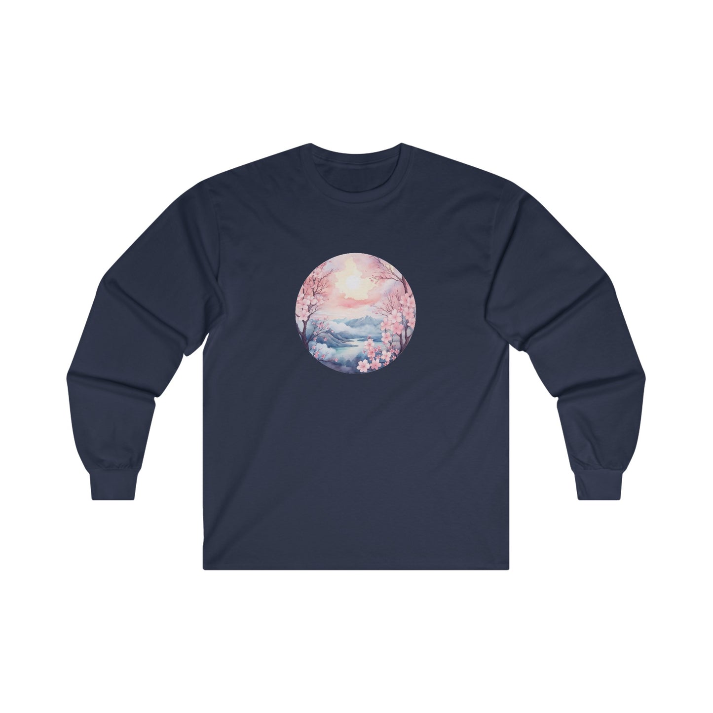 Watercolor Cherry Blossom Landscape Long Sleeve Tee