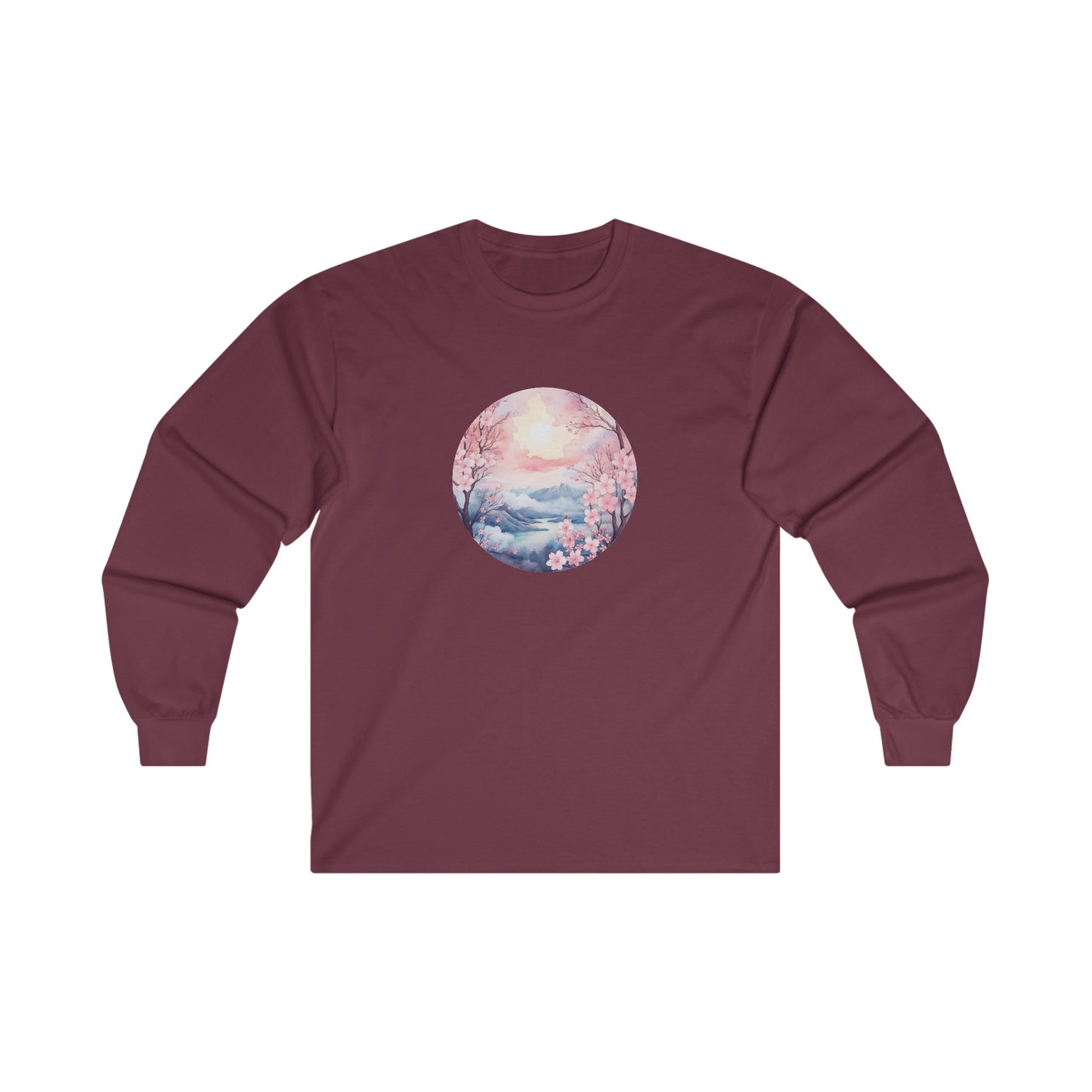 Watercolor Cherry Blossom Landscape Long Sleeve Tee