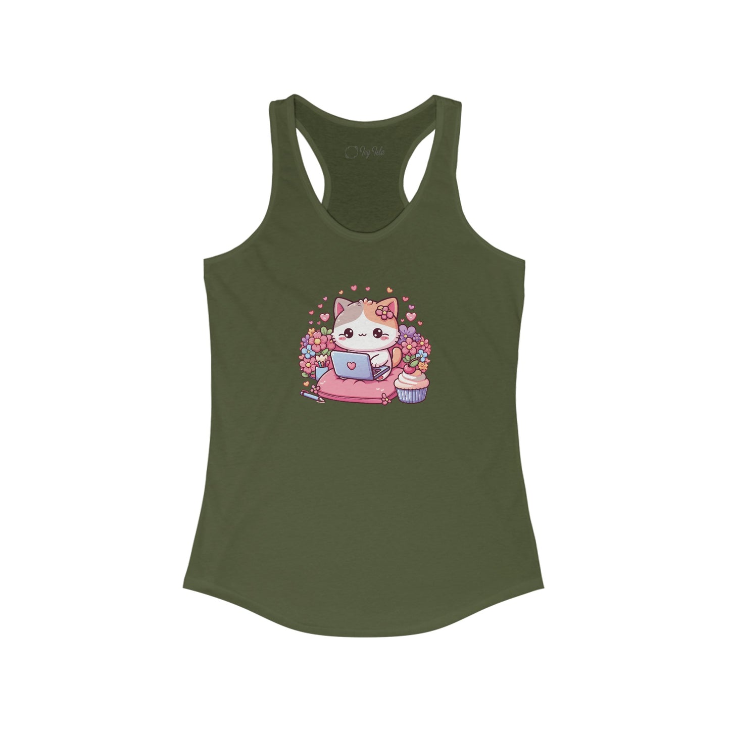 Cat with Cupcake and Laptop Racerback Tank
