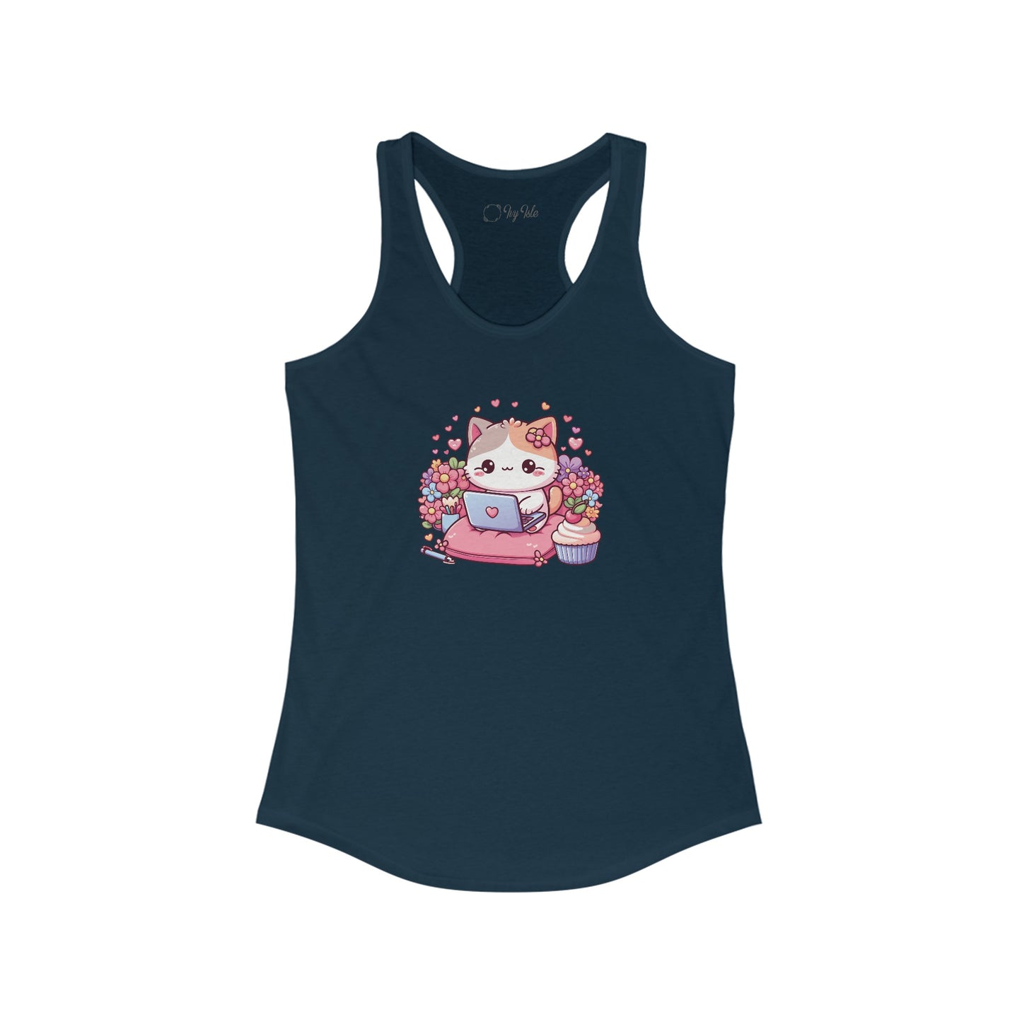 Cat with Cupcake and Laptop Racerback Tank