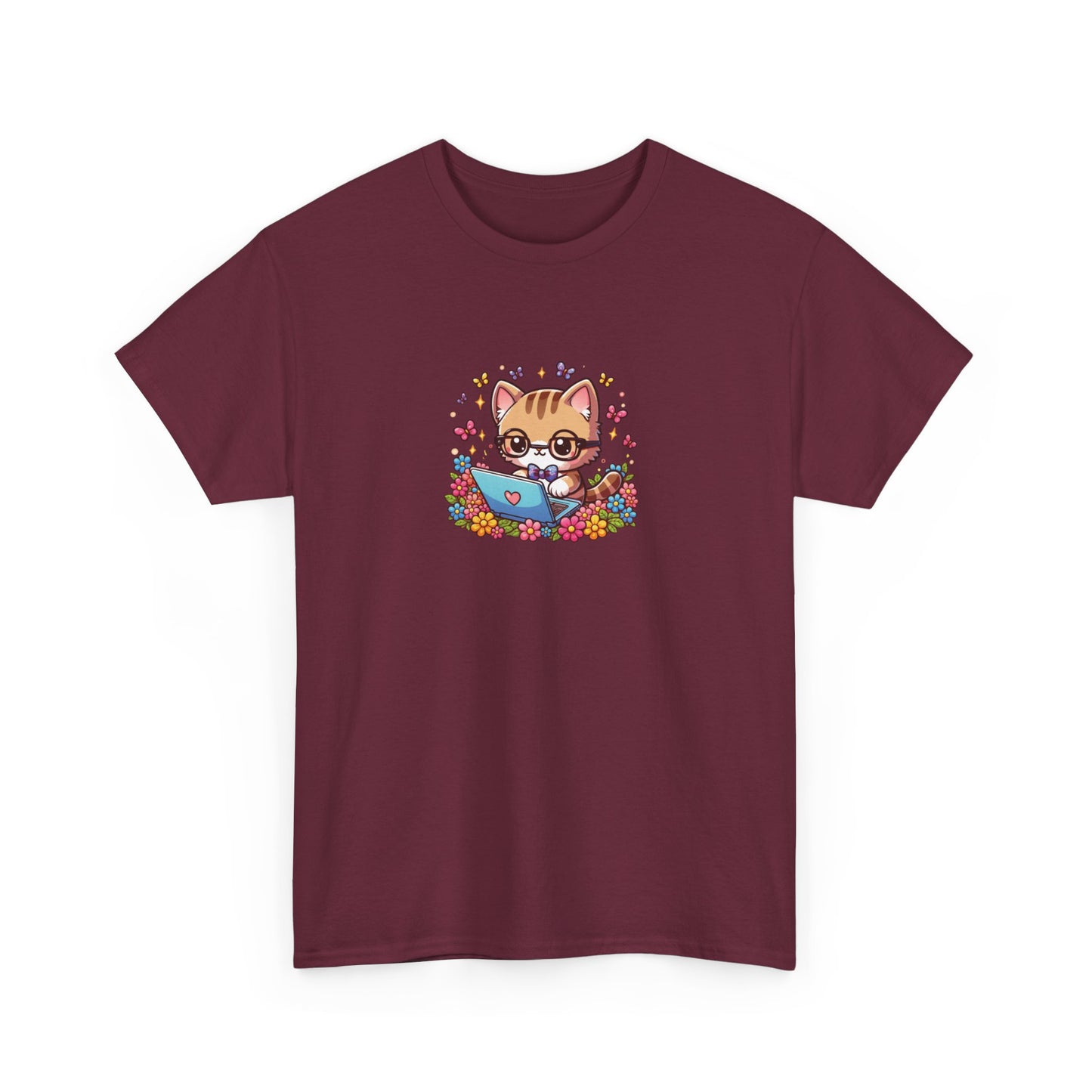 Cat with Flowers and Laptop Short Sleeve Tee