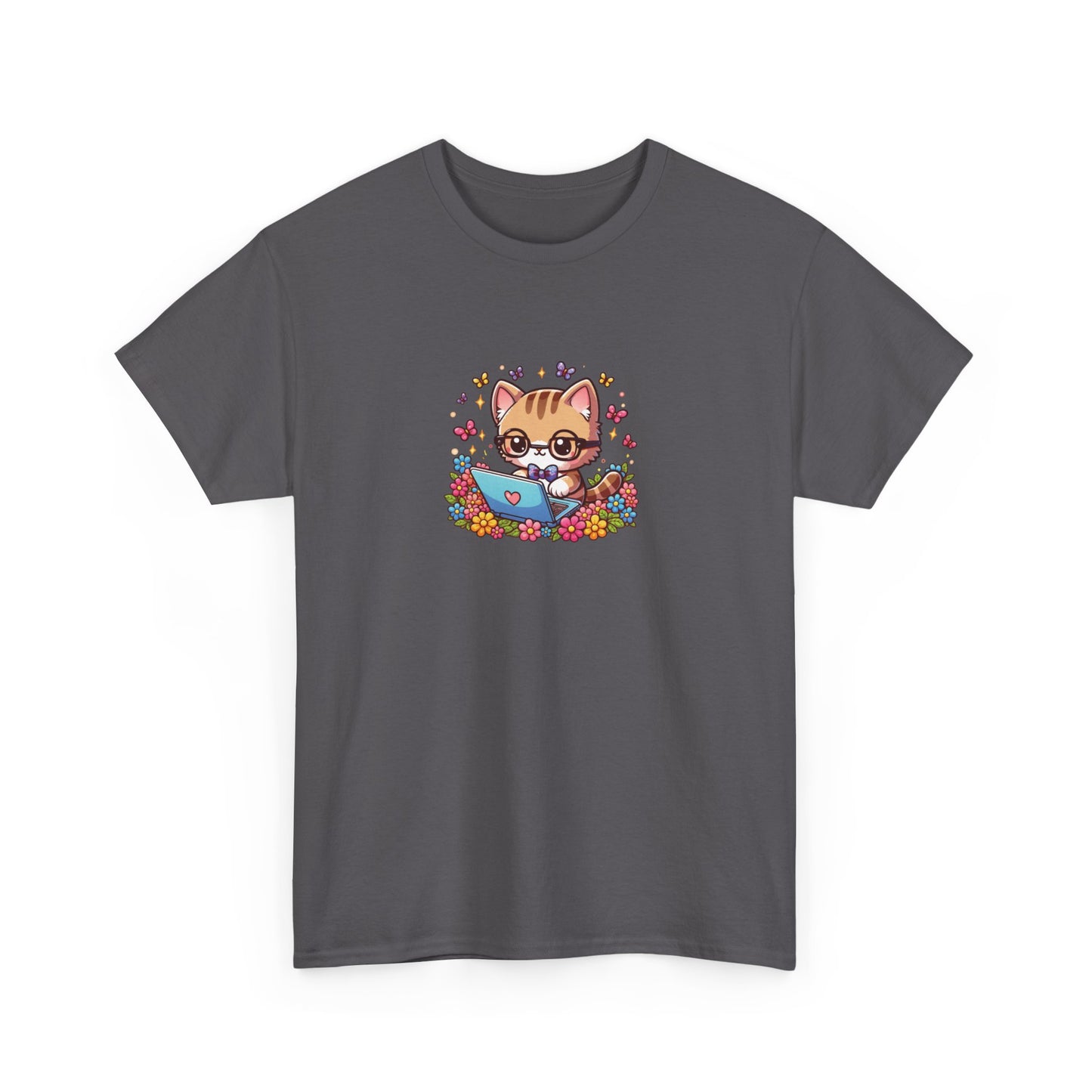 Cat with Flowers and Laptop Short Sleeve Tee