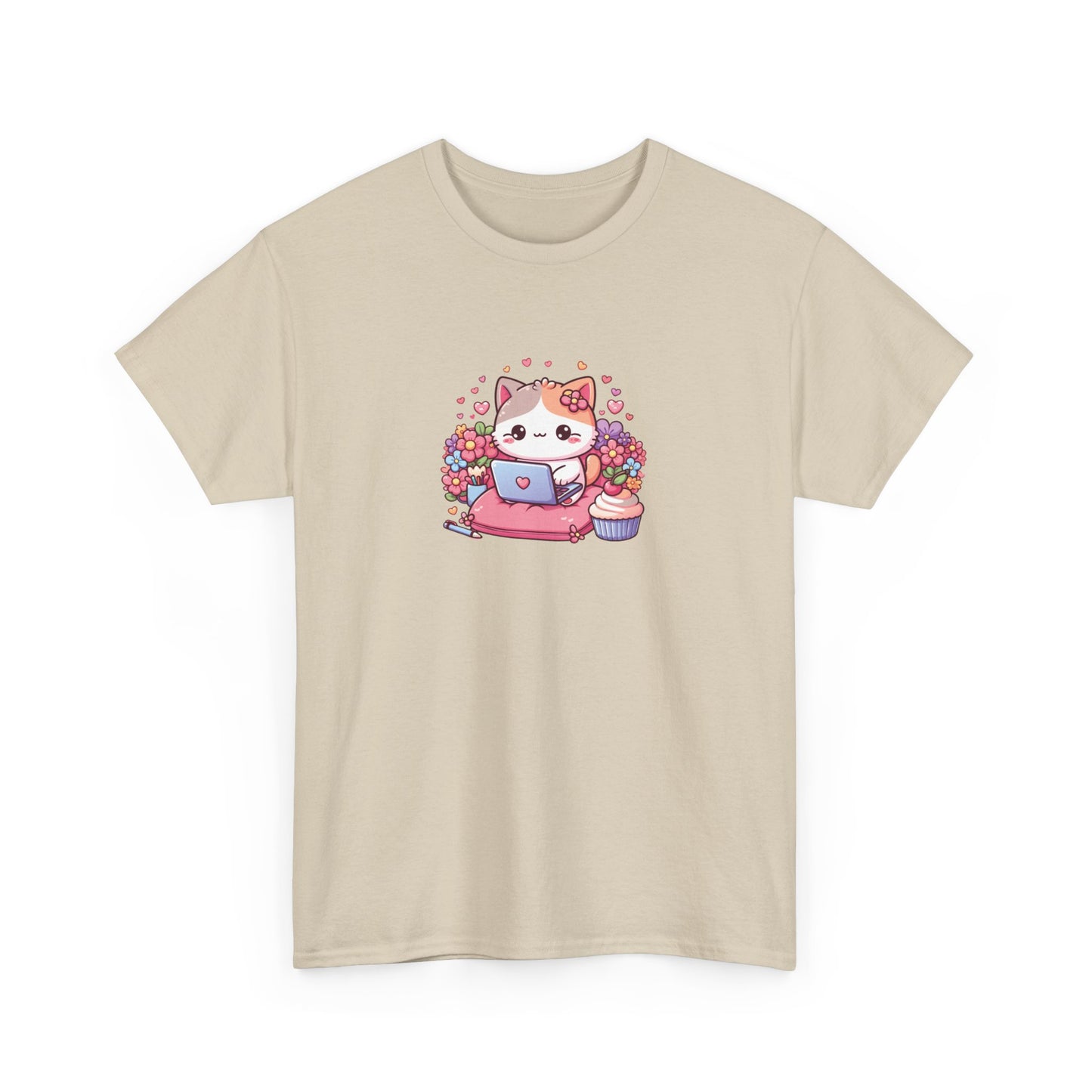 Cat with Cupcake and Laptop Short Sleeve Tee