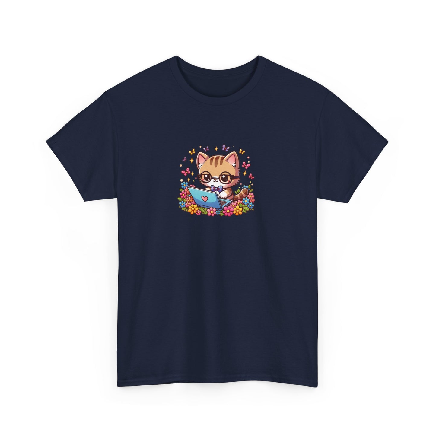 Cat with Flowers and Laptop Short Sleeve Tee