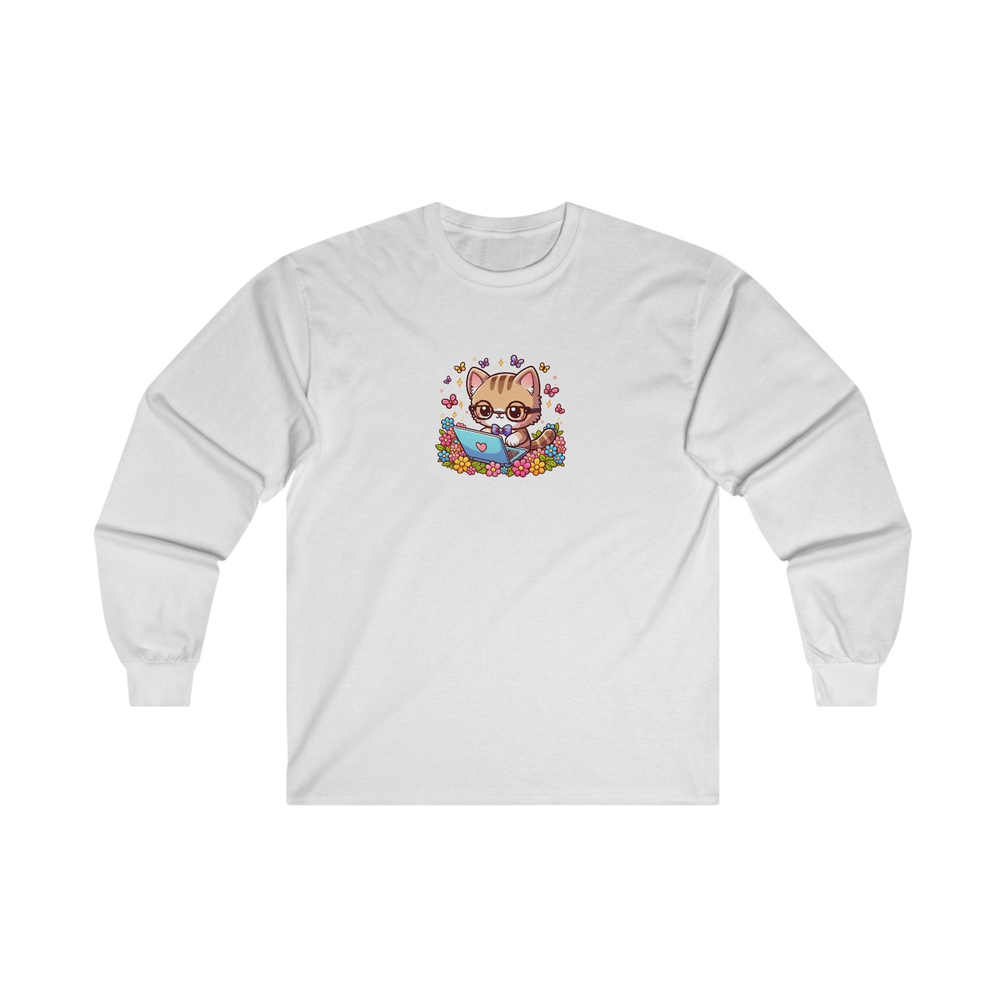 Cat with Flowers and Laptop Long Sleeve Tee