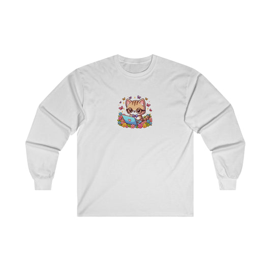 Cat with Flowers and Laptop Long Sleeve Tee