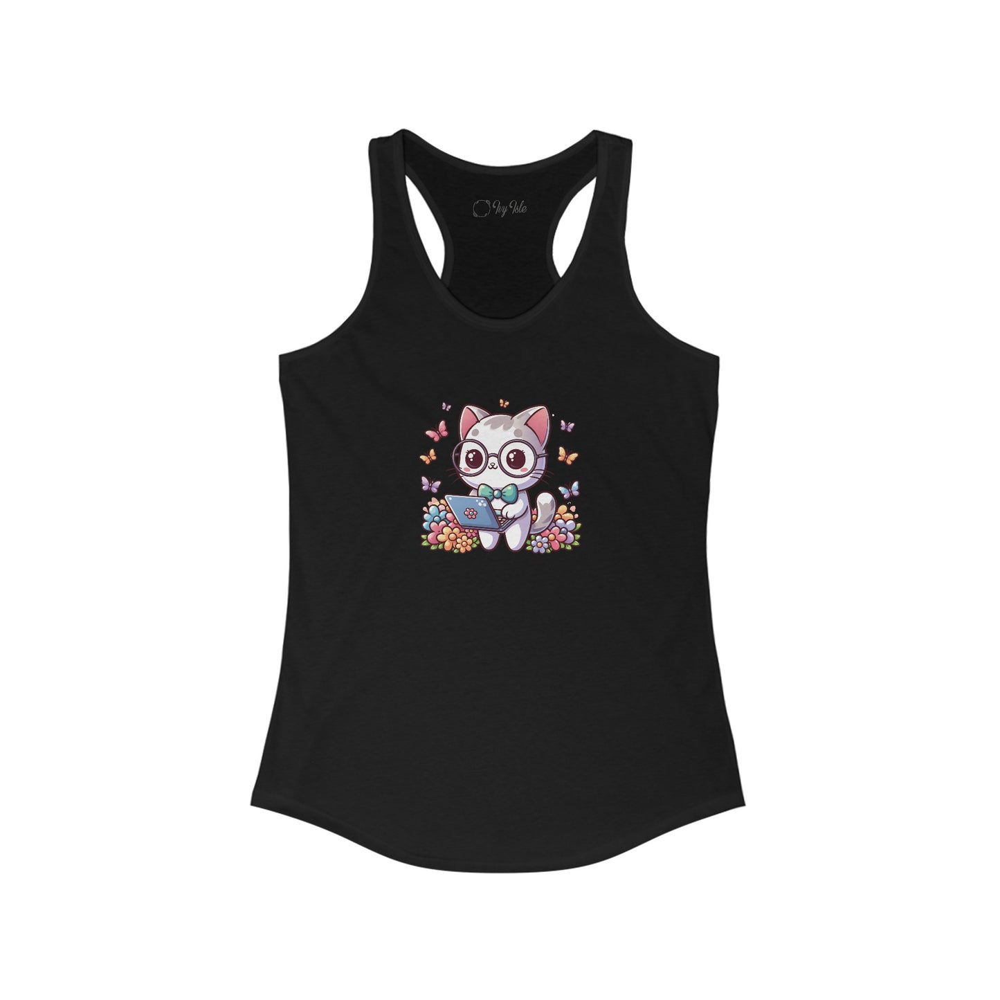 Gray Cat with Flowers and Laptop Racerback Tank