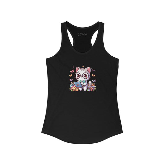 Gray Cat with Flowers and Laptop Racerback Tank