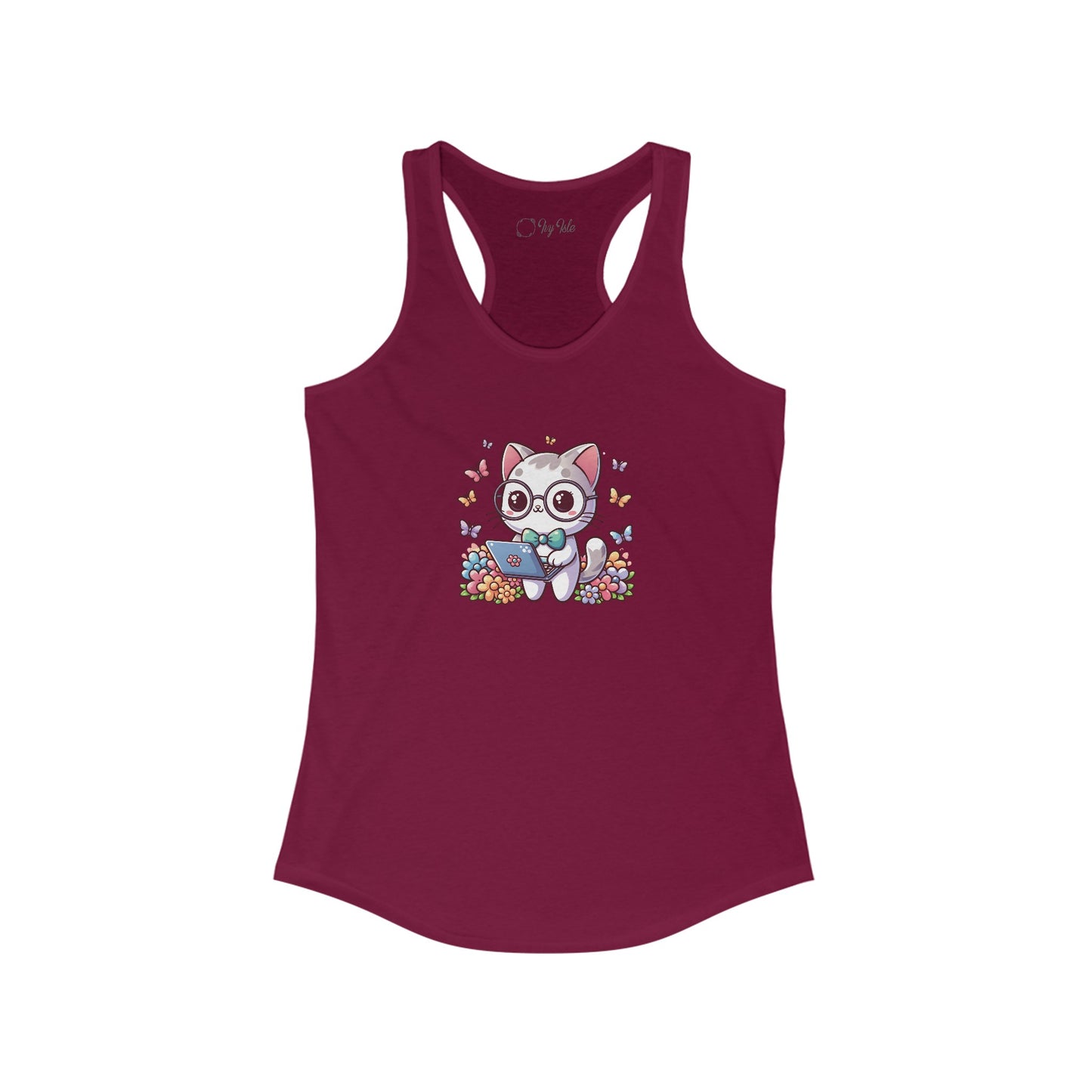 Gray Cat with Flowers and Laptop Racerback Tank