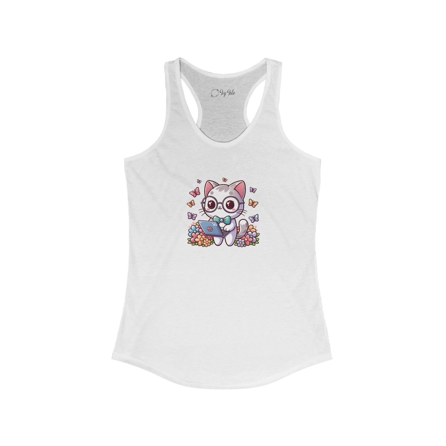 Gray Cat with Flowers and Laptop Racerback Tank