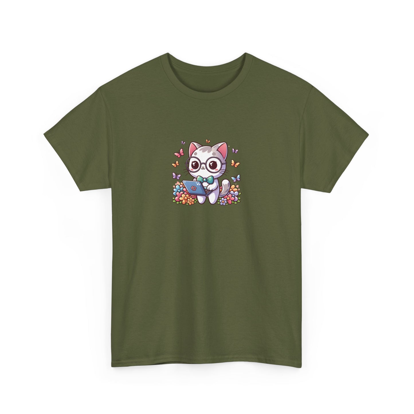 Gray Cat with Flowers and Laptop Short Sleeve Tee