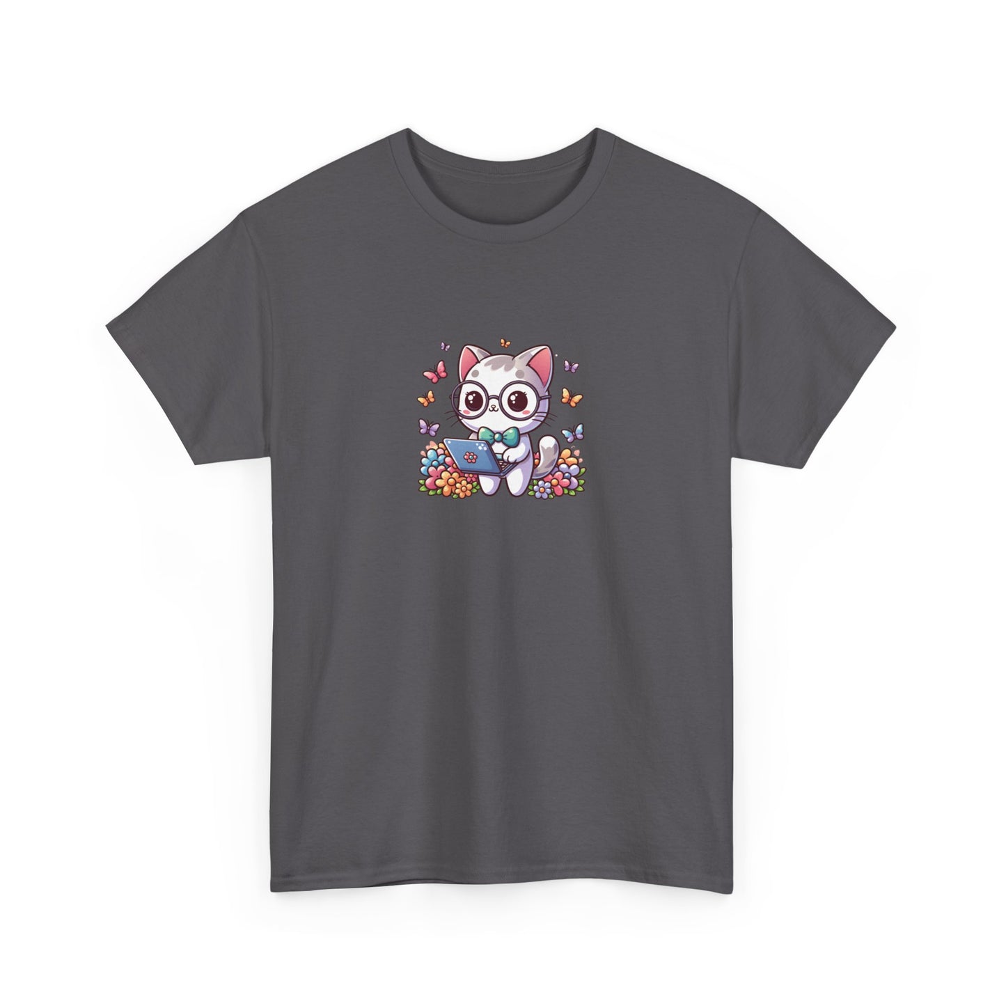 Gray Cat with Flowers and Laptop Short Sleeve Tee
