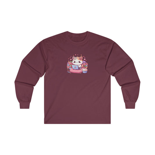 Cat with Cupcake and Laptop Long Sleeve Tee