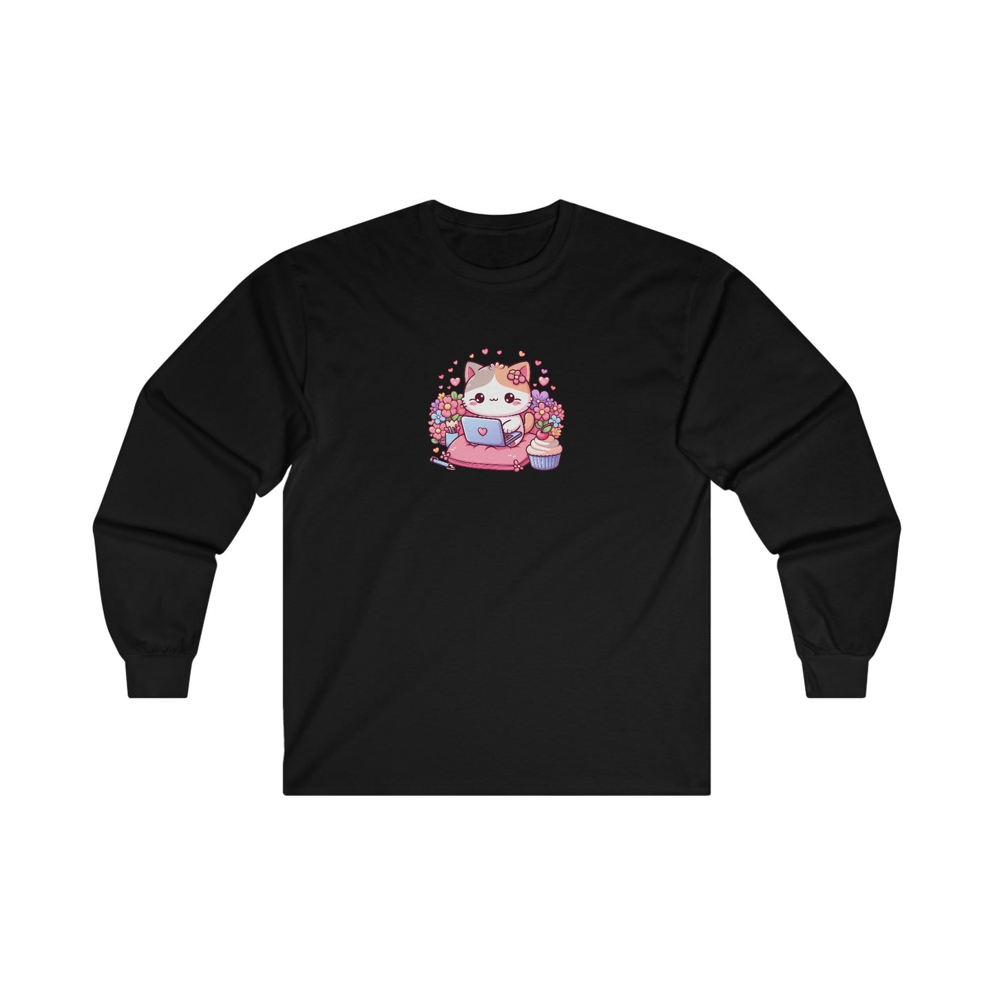 Cat with Cupcake and Laptop Long Sleeve Tee
