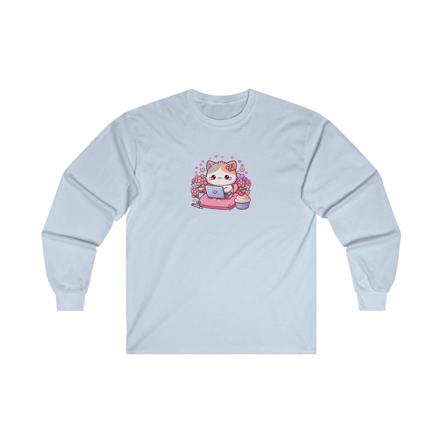 Cat with Cupcake and Laptop Long Sleeve Tee