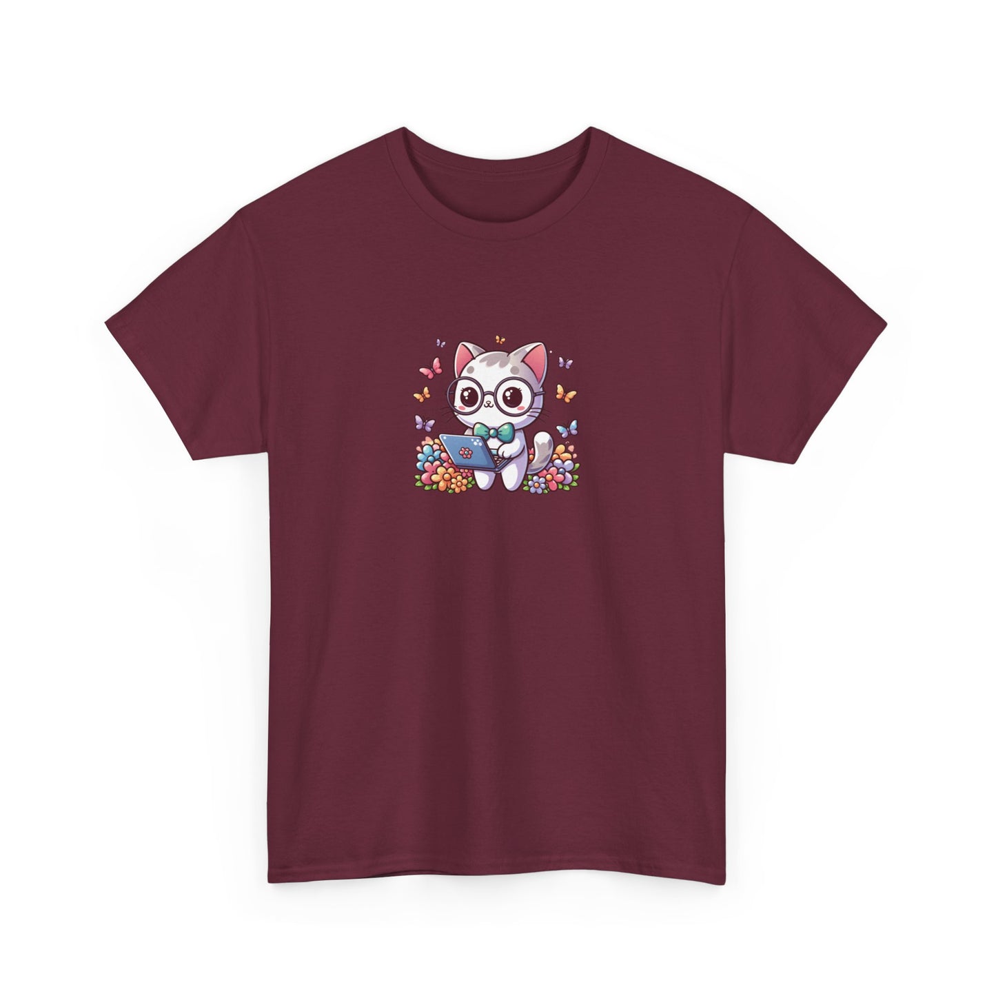 Gray Cat with Flowers and Laptop Short Sleeve Tee