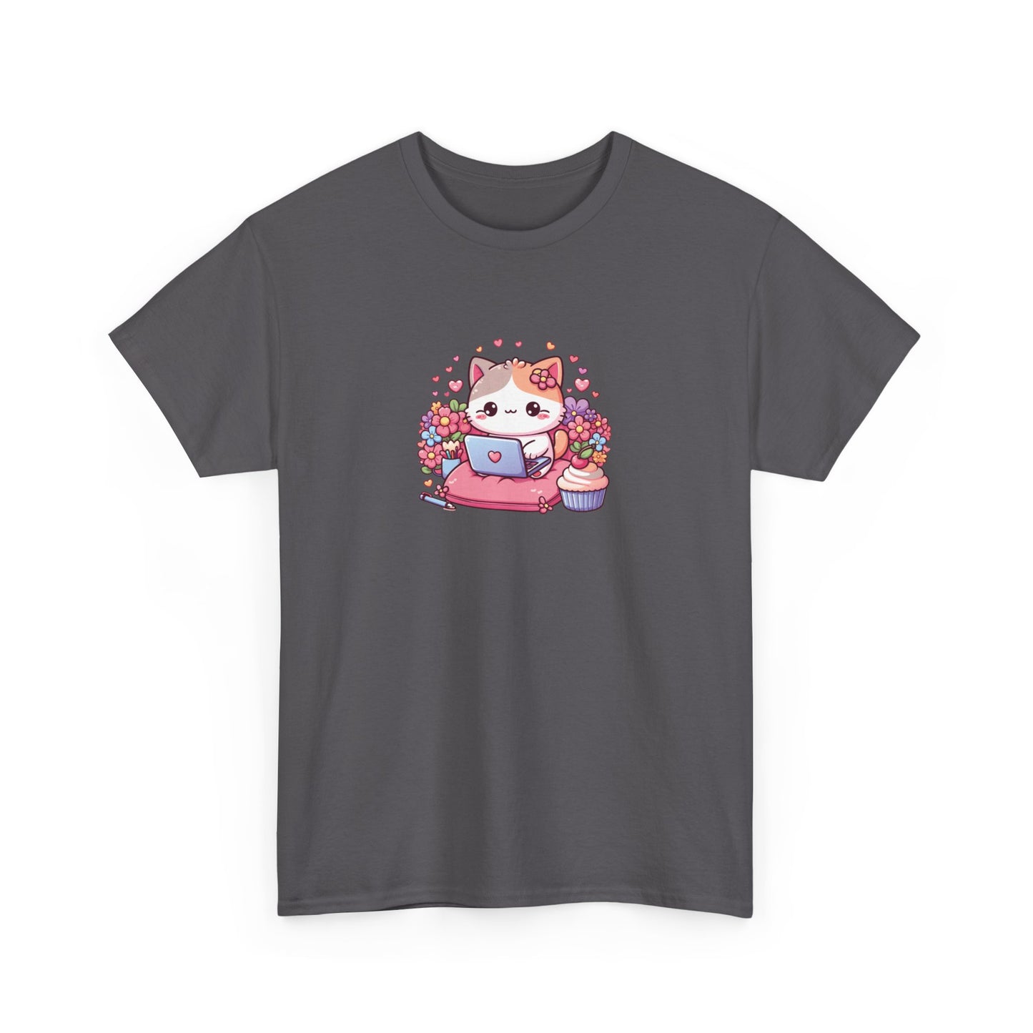 Cat with Cupcake and Laptop Short Sleeve Tee