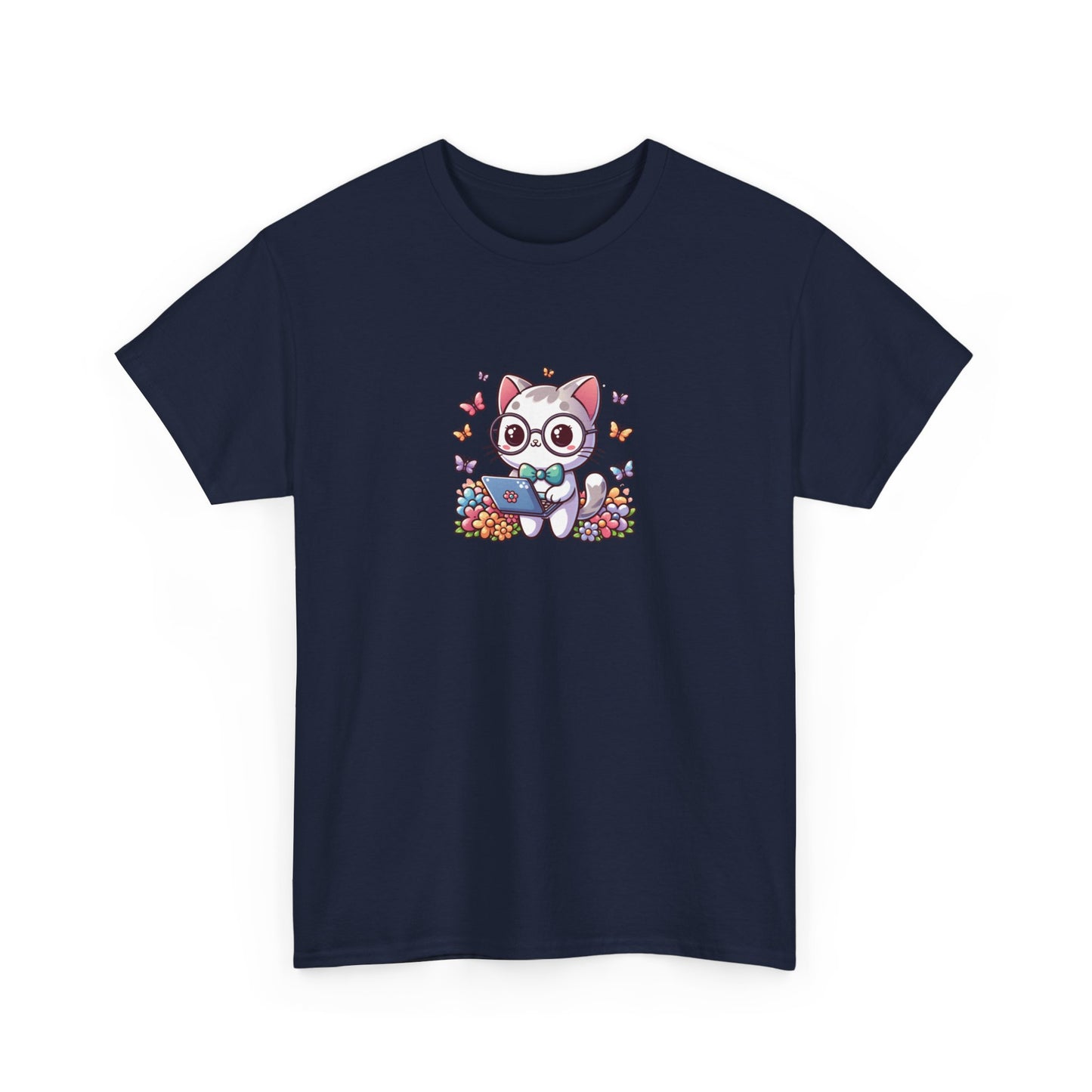 Gray Cat with Flowers and Laptop Short Sleeve Tee