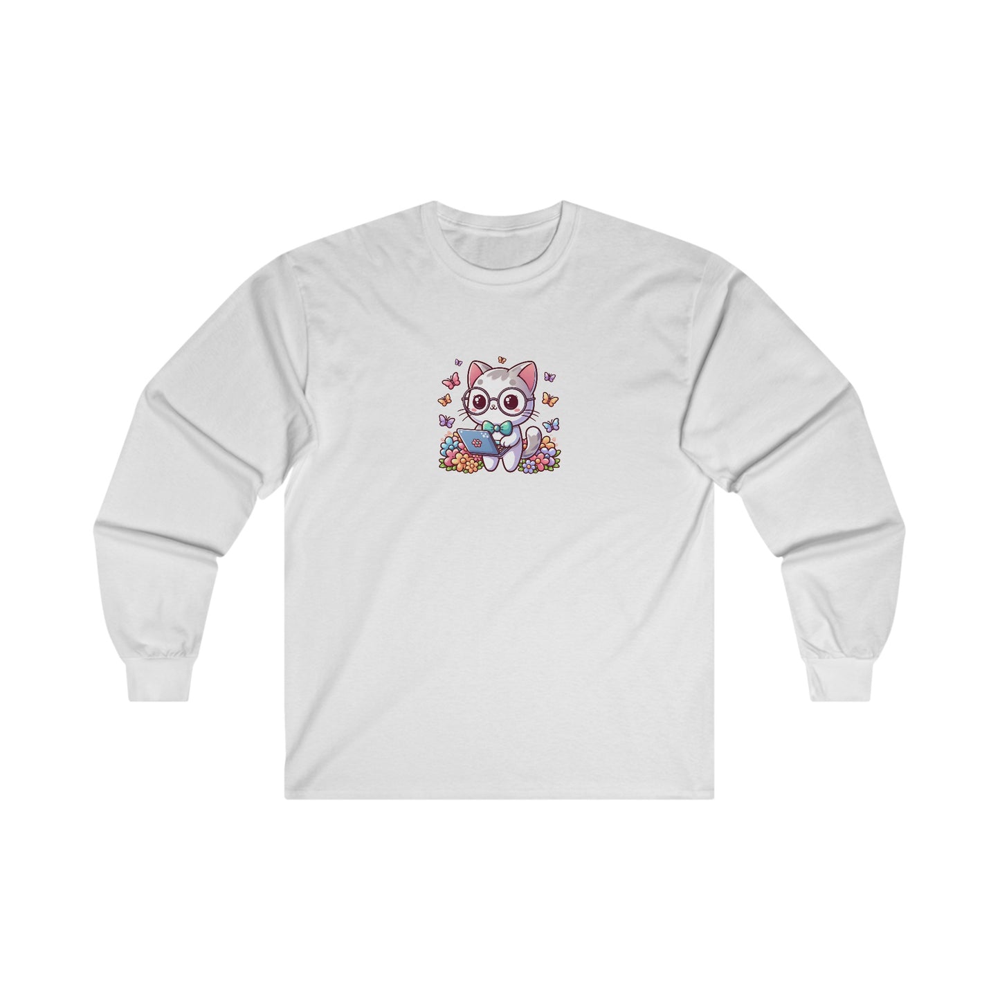 Gray Cat with Flowers and Laptop Long Sleeve Tee