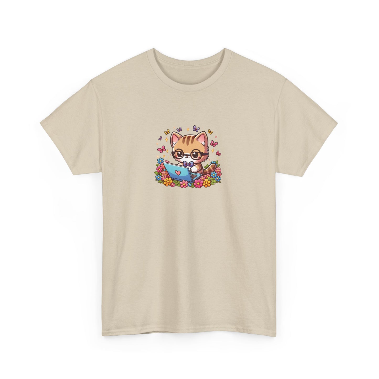 Cat with Flowers and Laptop Short Sleeve Tee