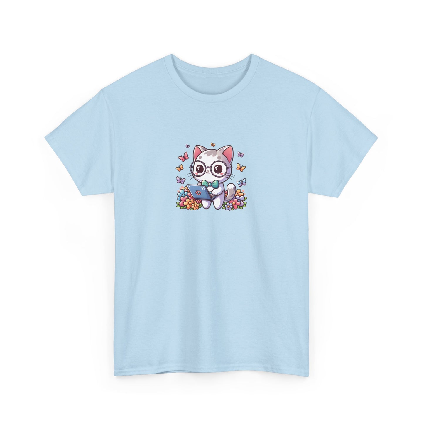 Gray Cat with Flowers and Laptop Short Sleeve Tee