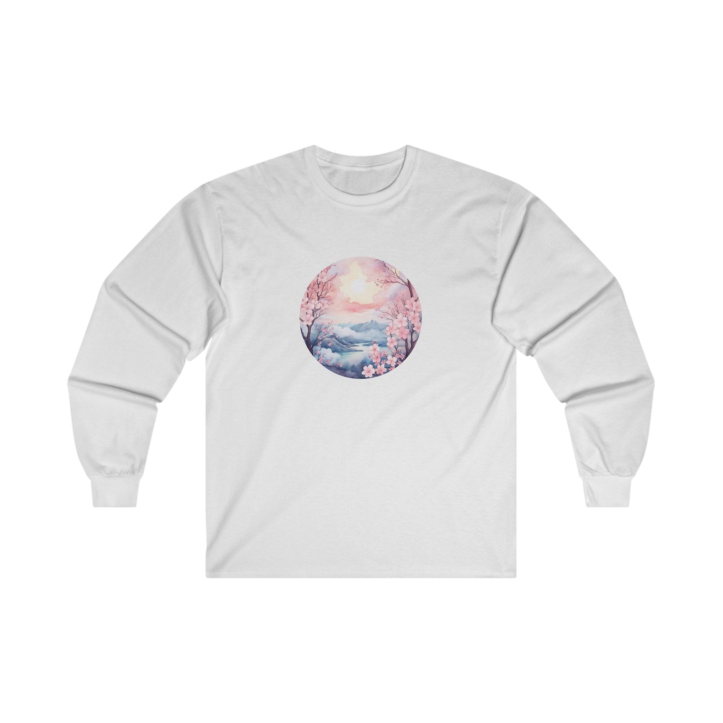 Watercolor Cherry Blossom Landscape Long Sleeve Tee