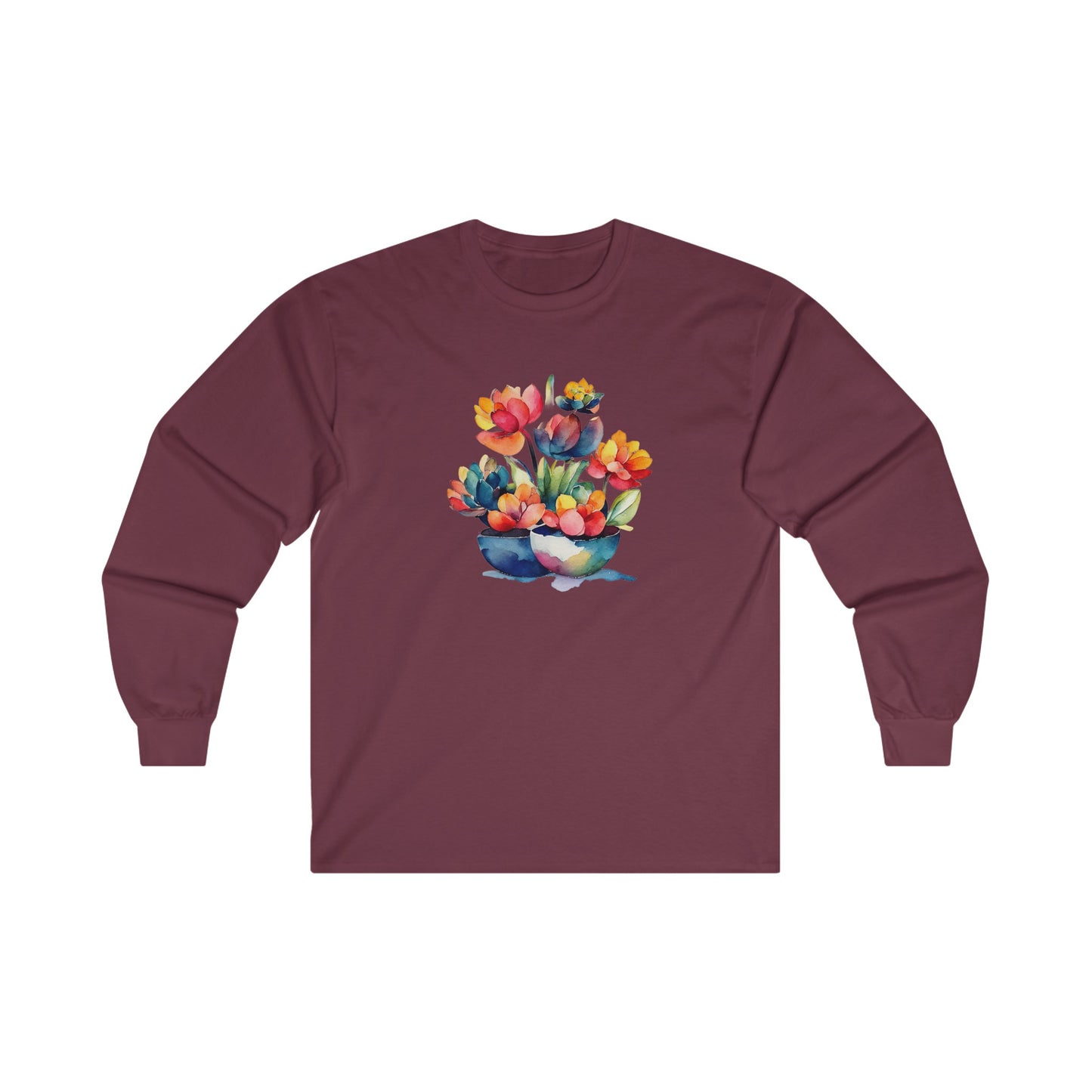Watercolor Succulent Flowers Long Sleeve Tee