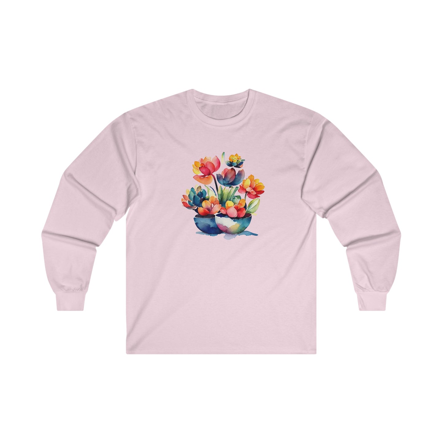 Watercolor Succulent Flowers Long Sleeve Tee