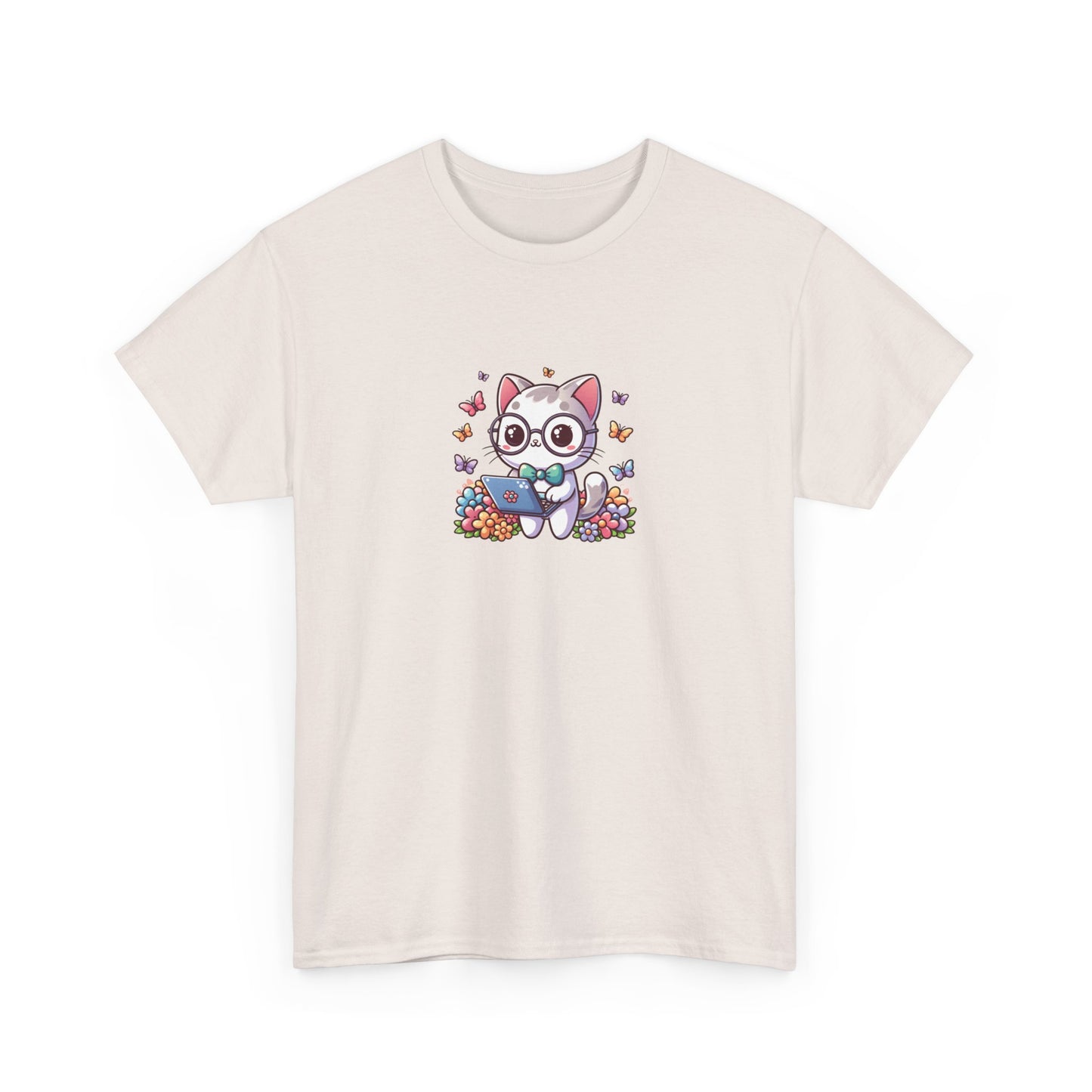 Gray Cat with Flowers and Laptop Short Sleeve Tee