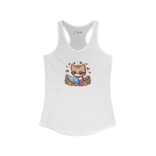 Cat with Flowers and Laptop Racerback Tank