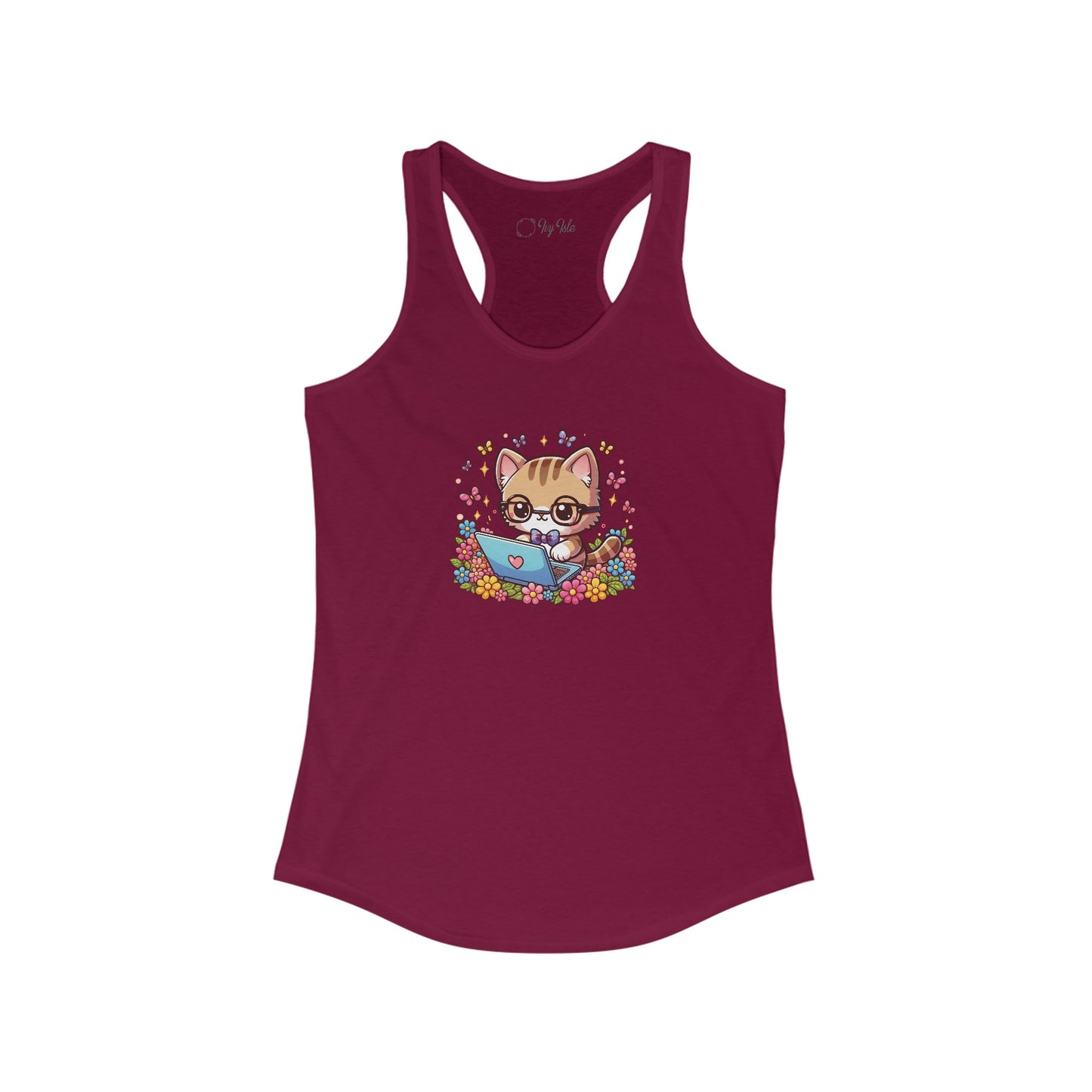 Cat with Flowers and Laptop Racerback Tank