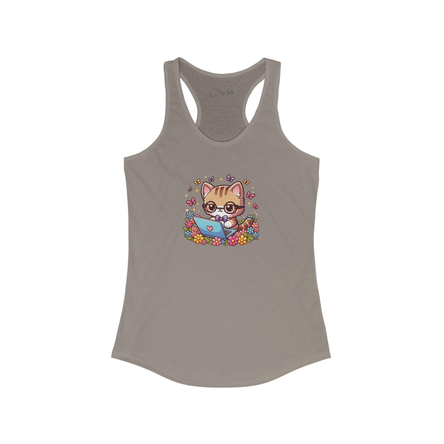 Cat with Flowers and Laptop Racerback Tank