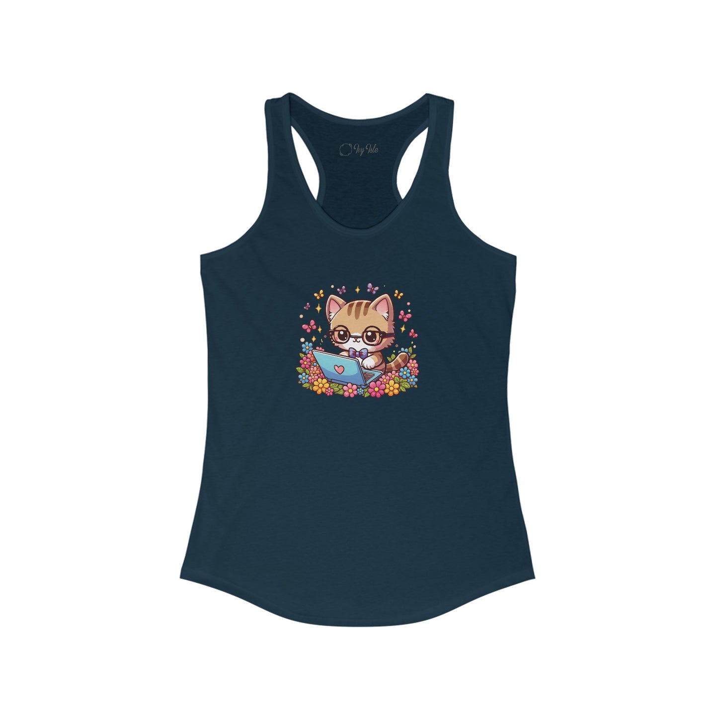 Cat with Flowers and Laptop Racerback Tank