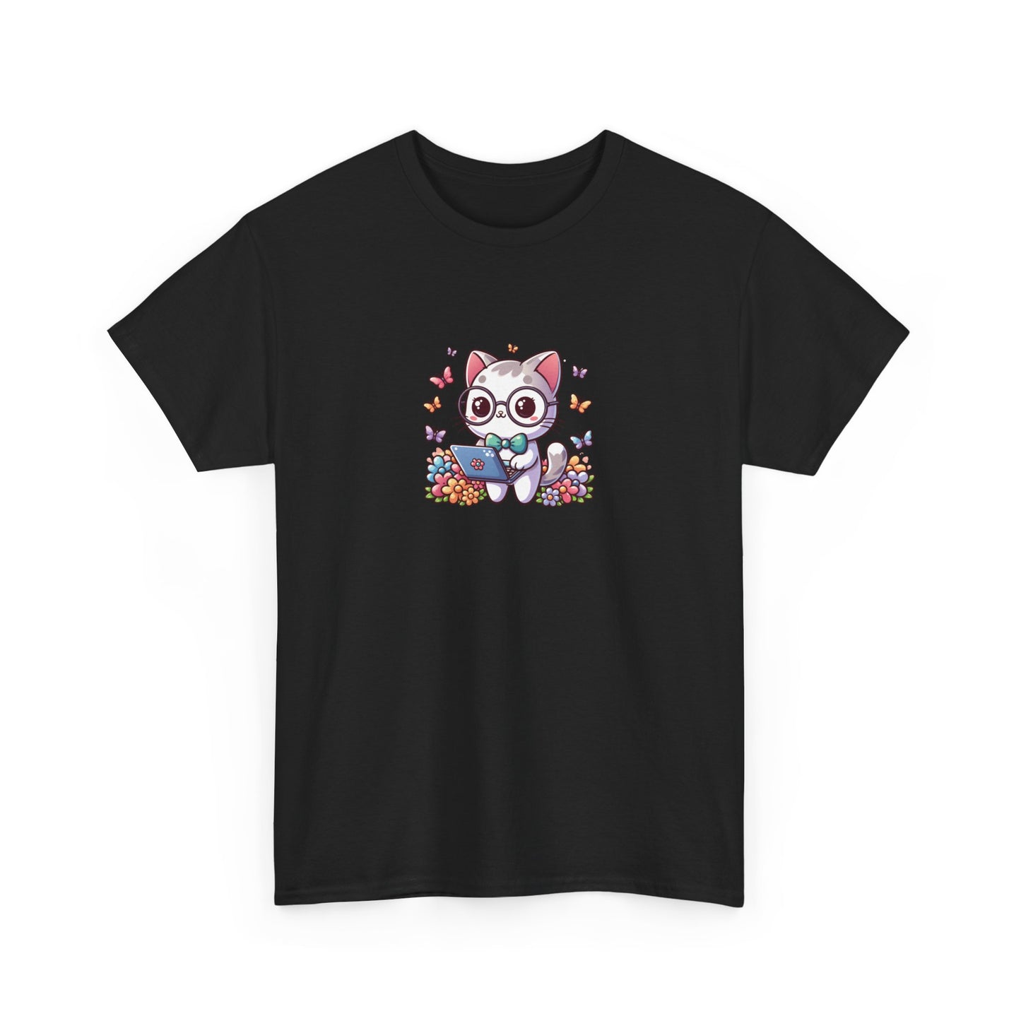 Gray Cat with Flowers and Laptop Short Sleeve Tee