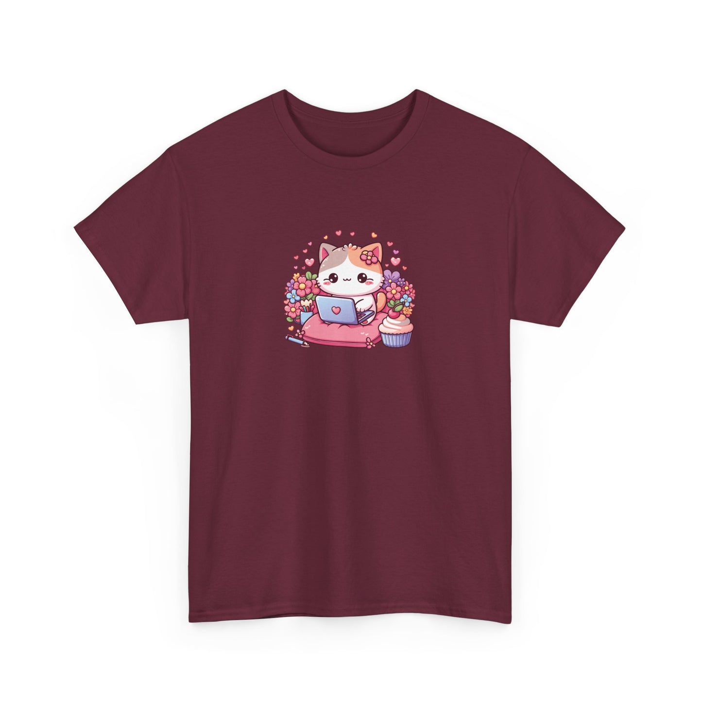 Cat with Cupcake and Laptop Short Sleeve Tee