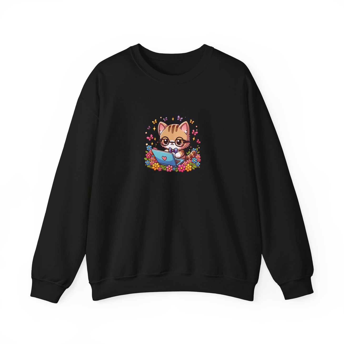 Cat with Flowers and Laptop Sweatshirt
